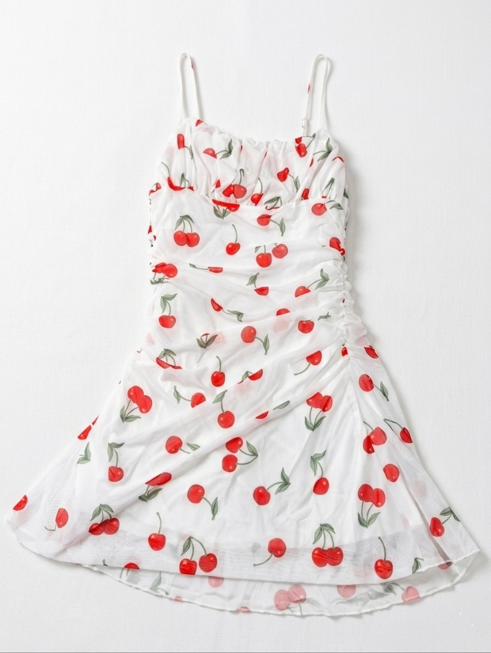 White Cherry Print Overlay Mini Dress Size Small
